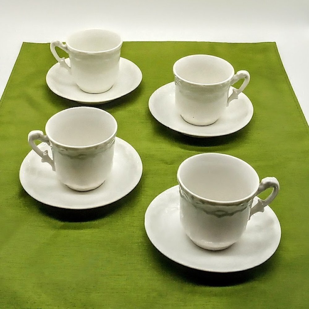 Set of 4 White Porcelain Demitasse Cups & Saucers